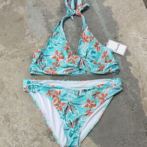 Tropical Floral Bikini Set - Aqua and Orange